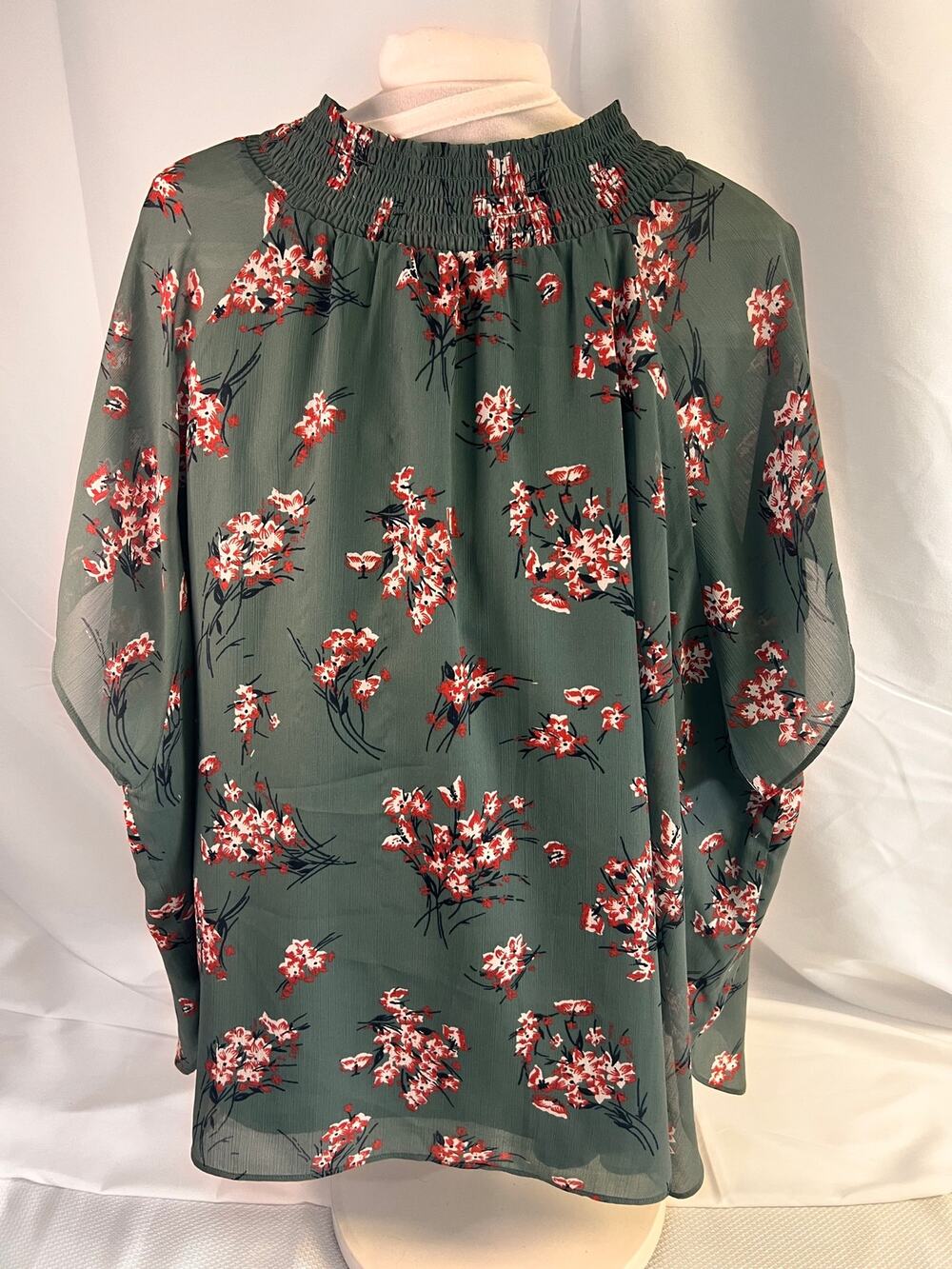 Madewell Womens L Floral Blouse Green Red Smocked High Neck 3/4 Sleeve